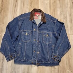 Vintage Marlboro Country Store Mens Large Denim Trucker Jacket Leather Collar